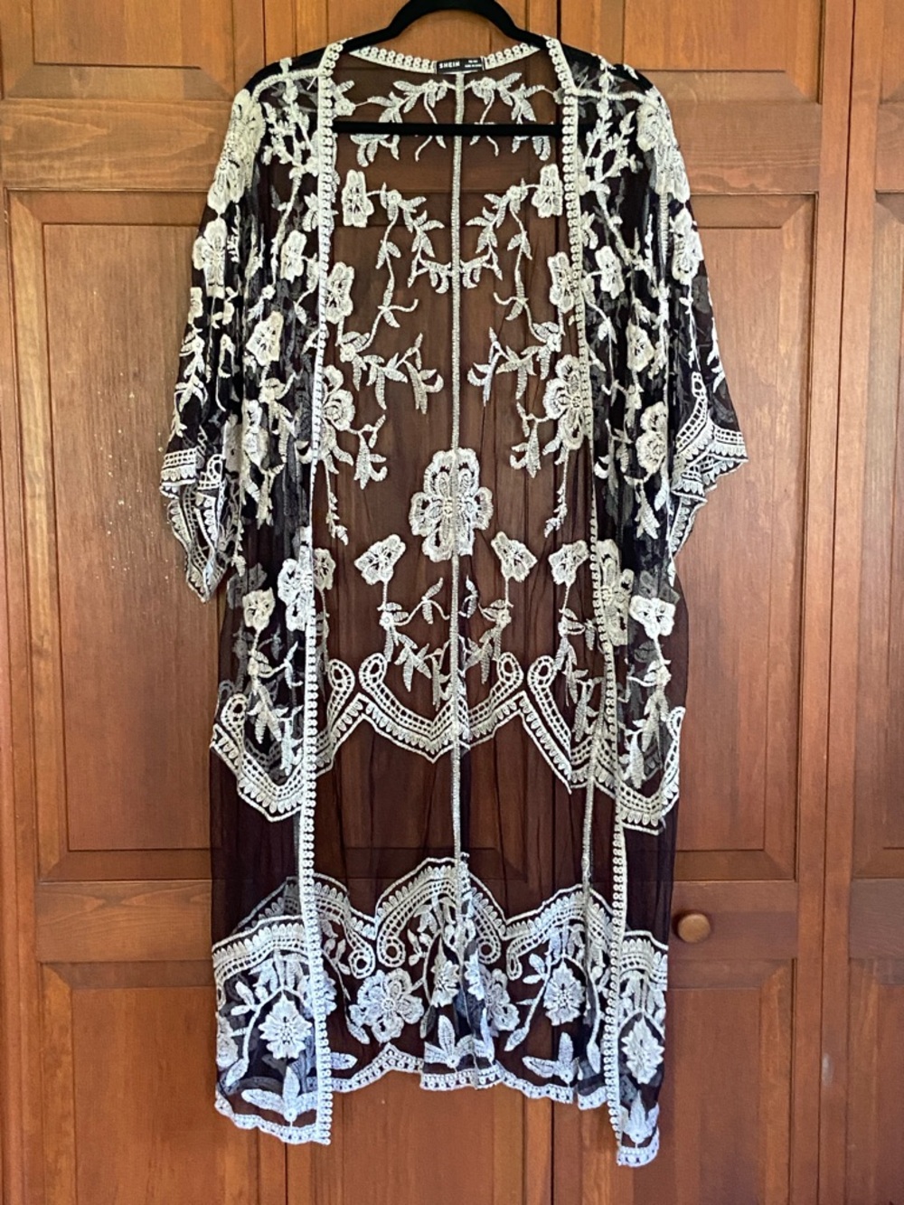 Black Sheer Kimono with White Floral Embroidery